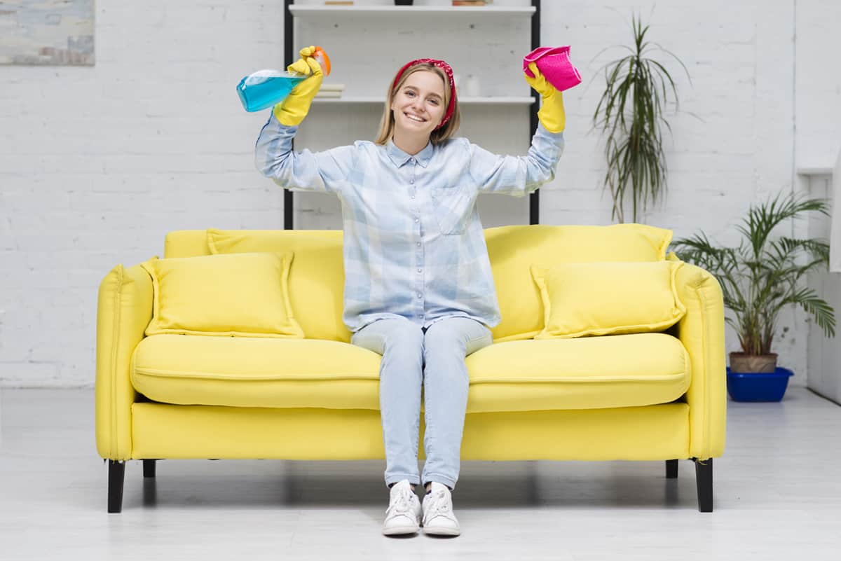 Home Cleaning, Cleaning, Cleaning Tools, Woman, Clean, Tidy, Shiny, Woman, Happy, Couch, Yellow